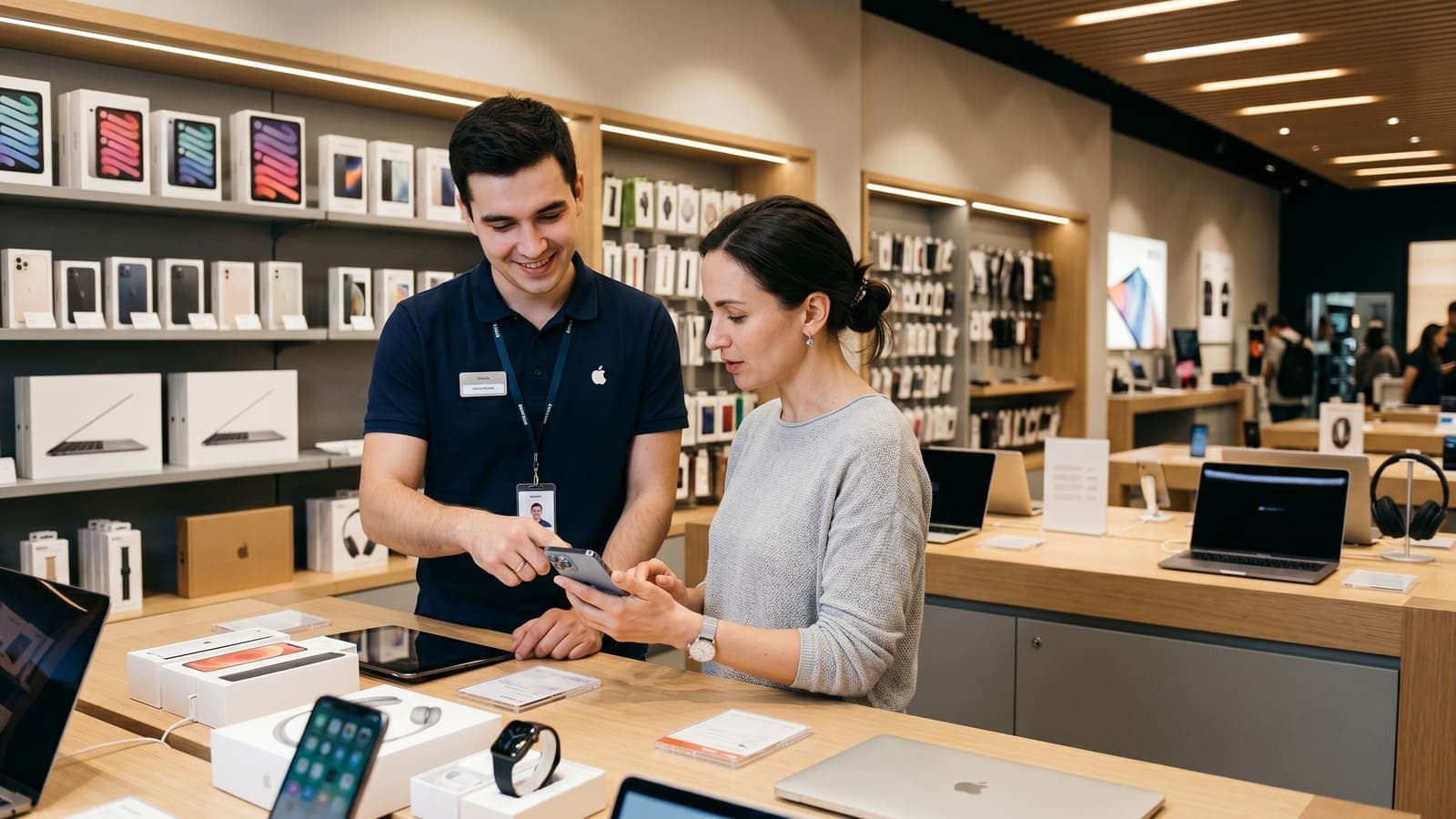 Покупатель выбирает технику Apple в магазине Техносила в Самаре
