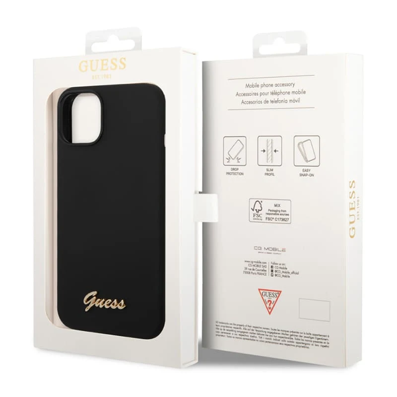 Чехол Guess для iPhone 14 Plus Liquid silicone Gold metal logo Hard (GUHCP14MSLSMK) Чёрный
