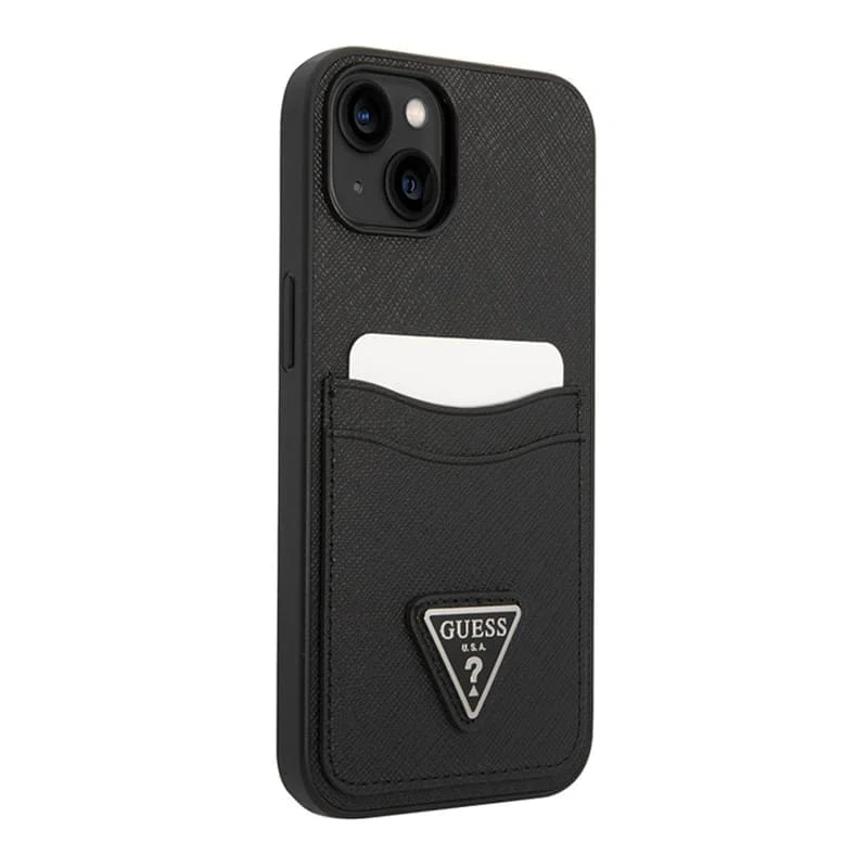 Чехол Guess для iPhone 14 Plus PU Saffiano Double cardslot Metal triangle logo Hard (GUHCP14MPSATPK) Чёрный