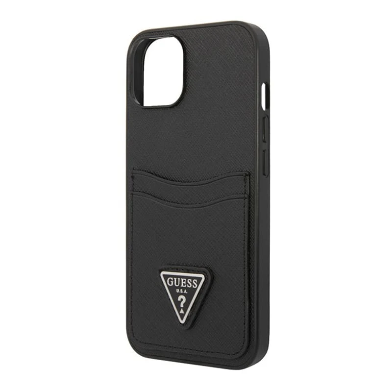 Чехол Guess для iPhone 14 Plus PU Saffiano Double cardslot Metal triangle logo Hard (GUHCP14MPSATPK) Чёрный