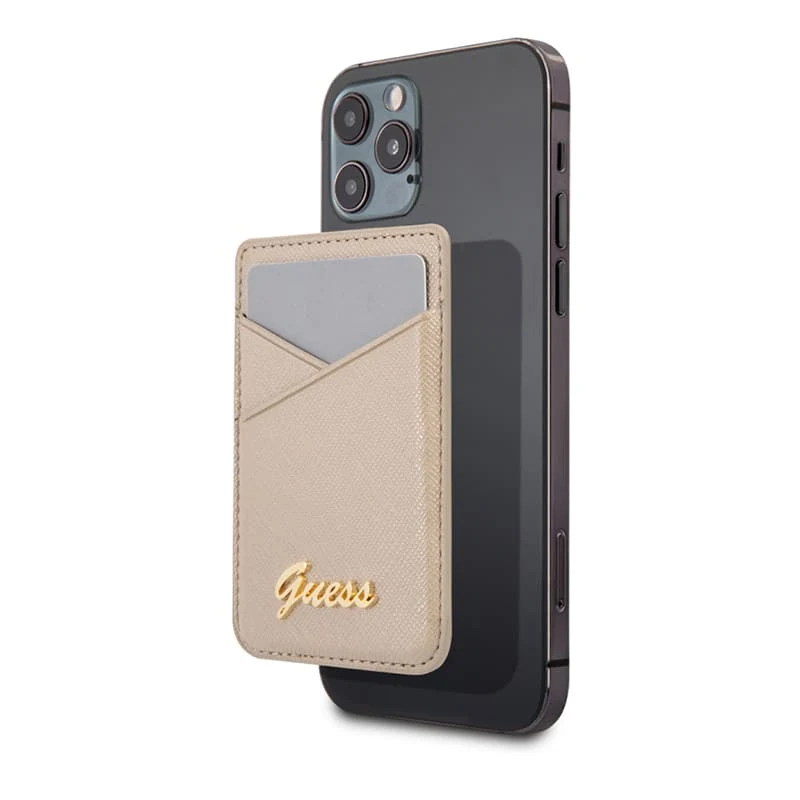 Магнитный бумажник Guess Wallet Cardslot MagSafe Saffiano Script logo (GUWMSSASLGO) Золотой