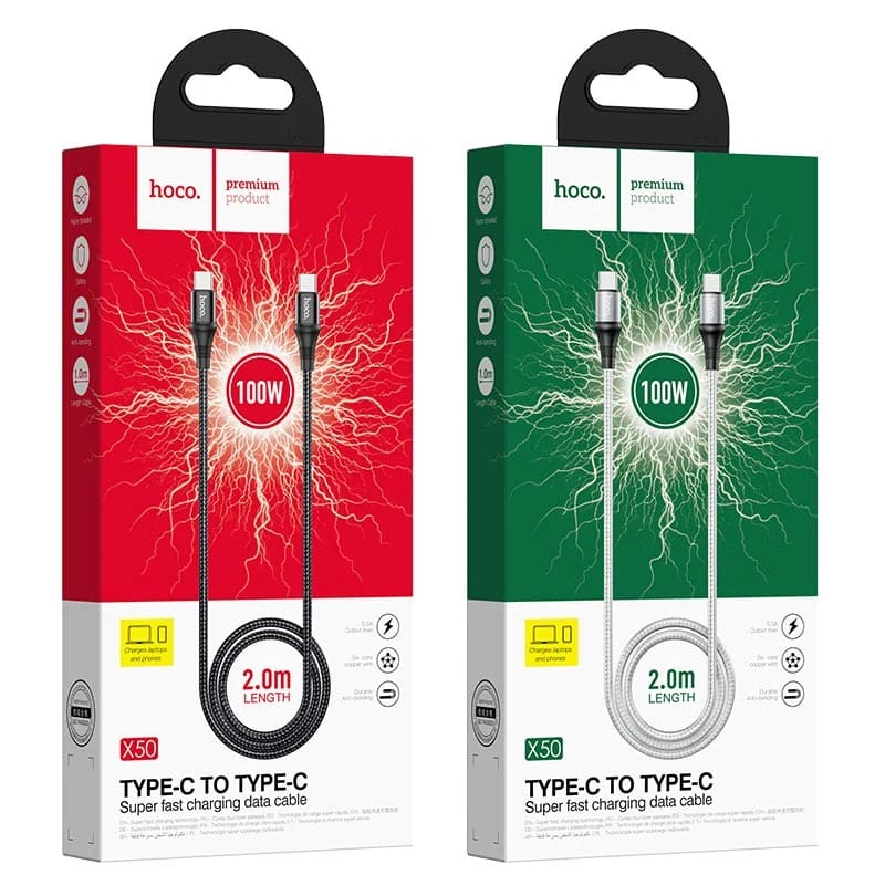 Кабель hoco. Type-C – Type-C, 2.4A, 2 м (X50) Белый