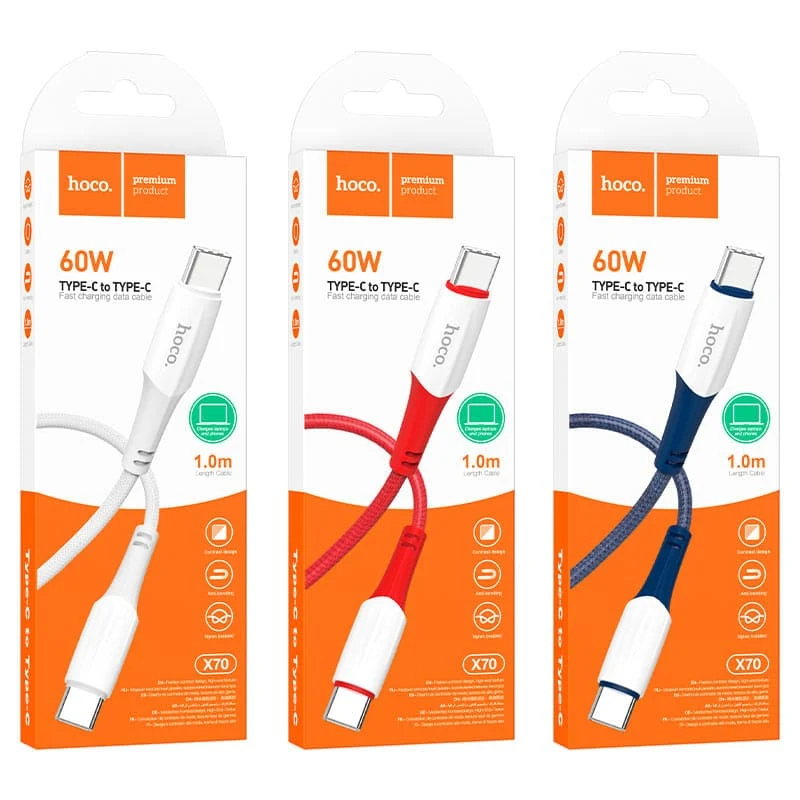 Кабель hoco. Fast charging data cable разъем Type-C – Type-C, 1 м (X70) Красный