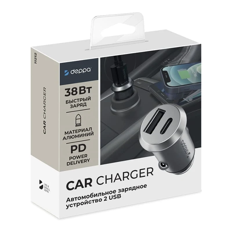 АЗУ Deppa USB A + USB-C, PD, QC 3.0, 38W (11212) Серебристый
