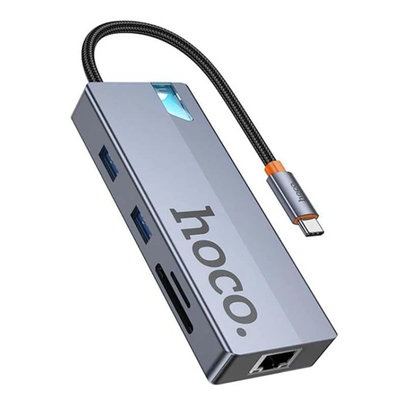 Хаб hoco. 8в1 (HDTV+RJ45+SD/TF+PD+Type-C3.0+USB3.0*2) (HB52) Тёмно-серый