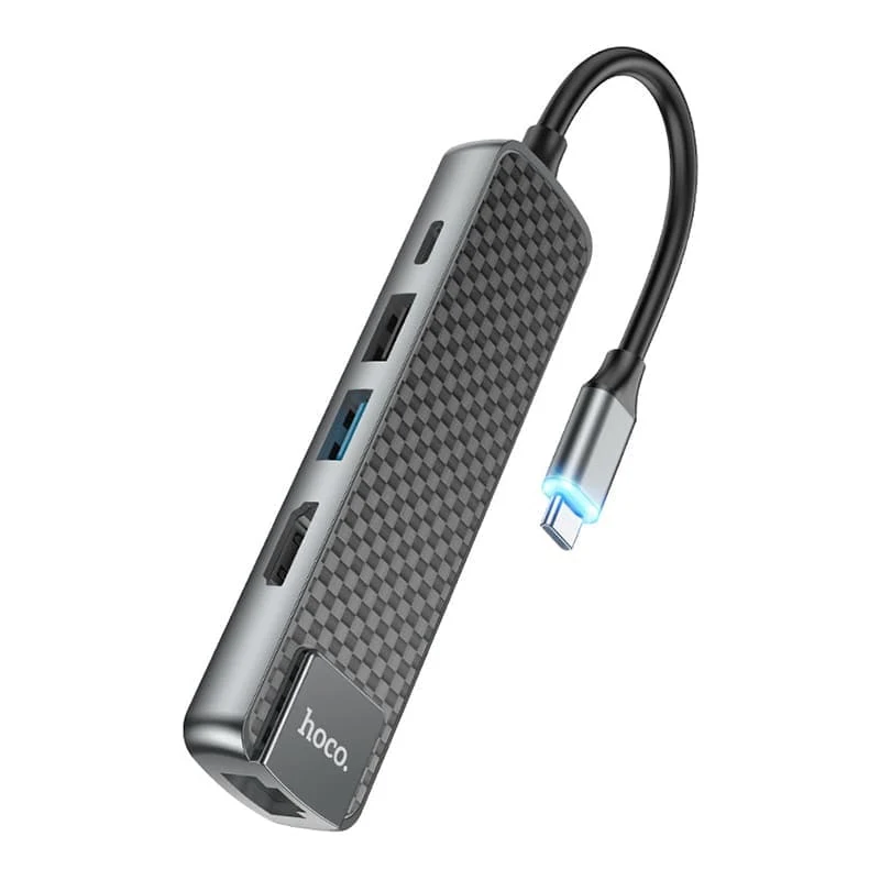 Type-C хаб hoco. для MacBook HDMI+USB3.0+USB2.0+RJ45+PD (HB23) Чёрный