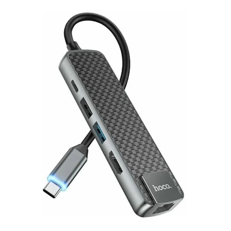 Type-C хаб hoco. для MacBook HDMI+USB3.0+USB2.0+RJ45+PD (HB23) Чёрный