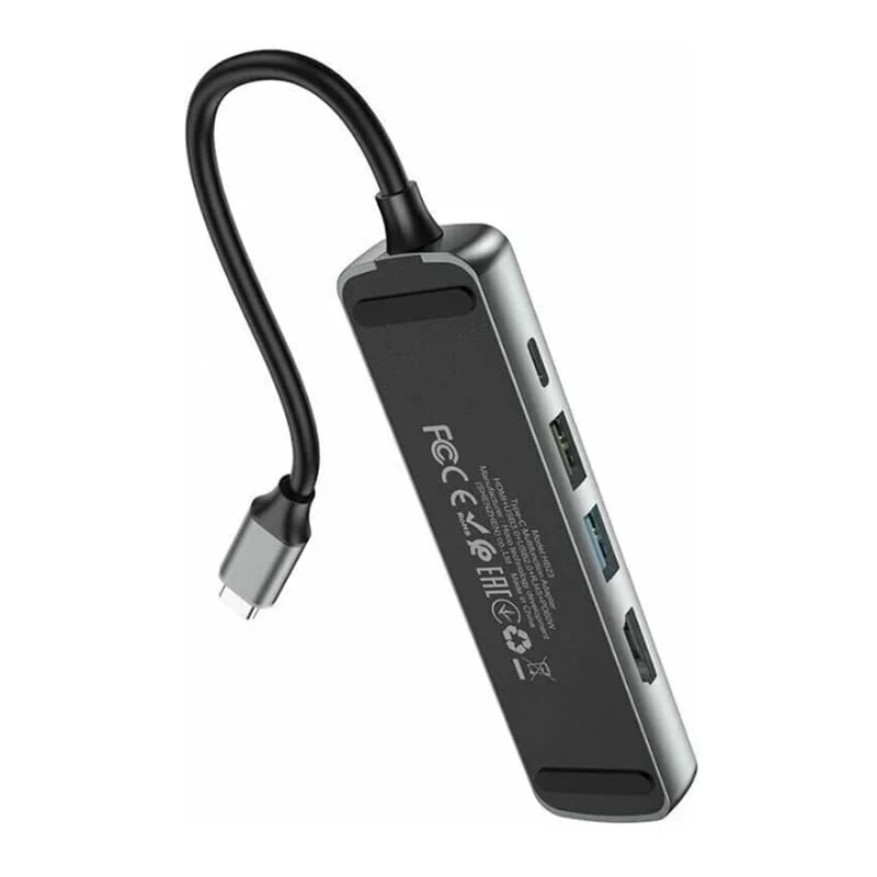 Type-C хаб hoco. для MacBook HDMI+USB3.0+USB2.0+RJ45+PD (HB23) Чёрный