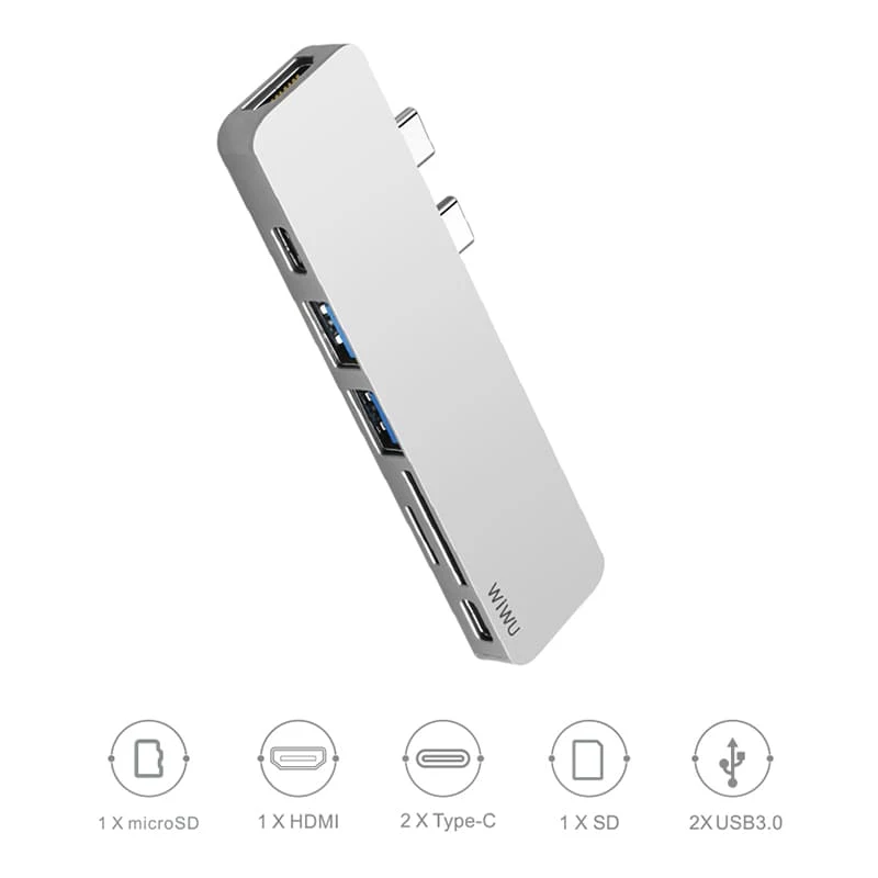 Хаб WiWU 2*USB3.0+2*Type-C+HDMI+SD+TF (T8) Серый