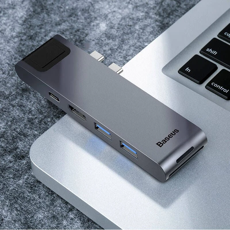 Переходник Baseus для MacBook HUB TB3 C+ (Dual Type-C to USB3.0/HDMI/Type-C/SD/Micro/LAN) (CAHUB-L0G) Deep Grey, тёмно-серый