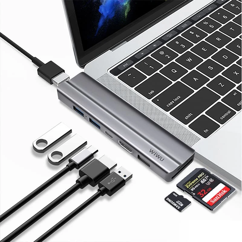 Хаб WiWU HDMI*2+USB3.0*2+USB2.0*1SD+TF+PD (T9) Серый