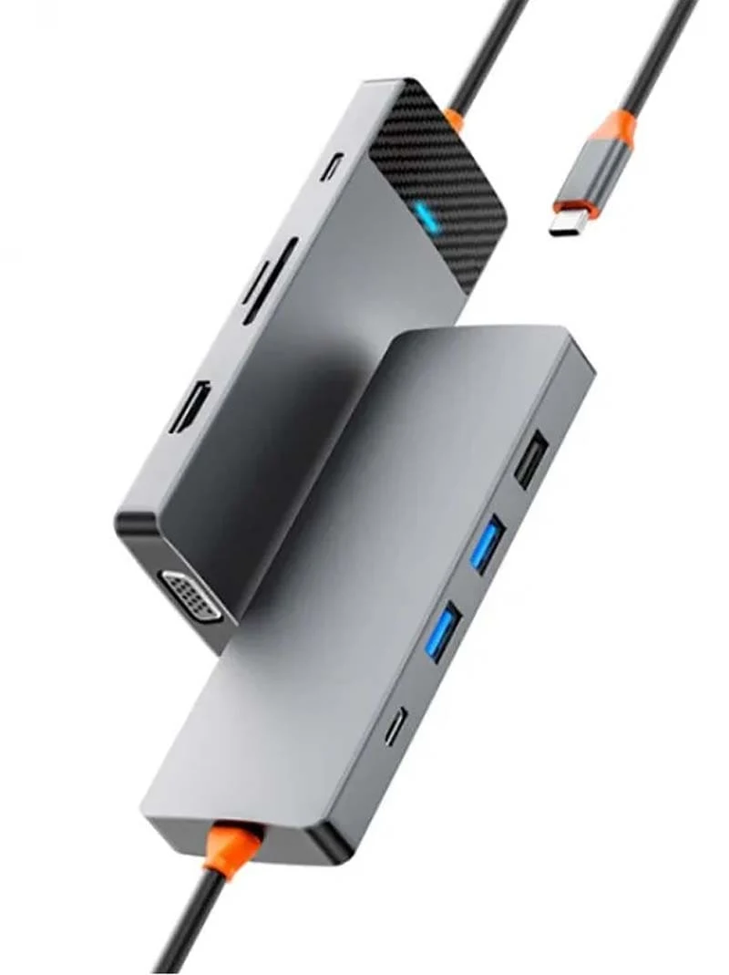 Хаб WiWU Linker Series Hub 9в1 (USB-C to USB3.0*2+USB2.0*1+SD/TF+PD+USB-C(3.0)+HDMI+VGA) (A921HV) Серый