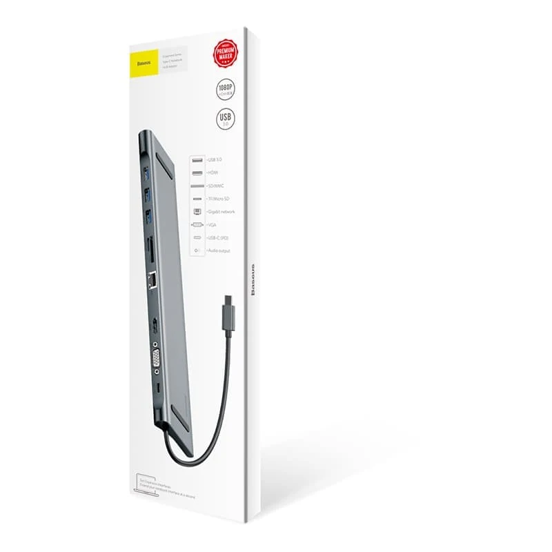 Переходник Baseus для MacBook HUB Enjoyment Series (Type-C to USB3.0+HDMI+SD/MMC+TF/Micro+LAN+VGA+PD+AUX) (CATSX-F0G) Deep Grey, тёмно-серый