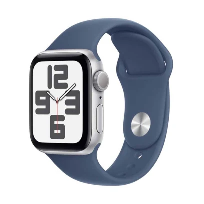 Apple Watch SE (2024), 44 мм корпус из алюминия цвета «Silver», ремешок Sport Band размера S/M цвета «Denim»