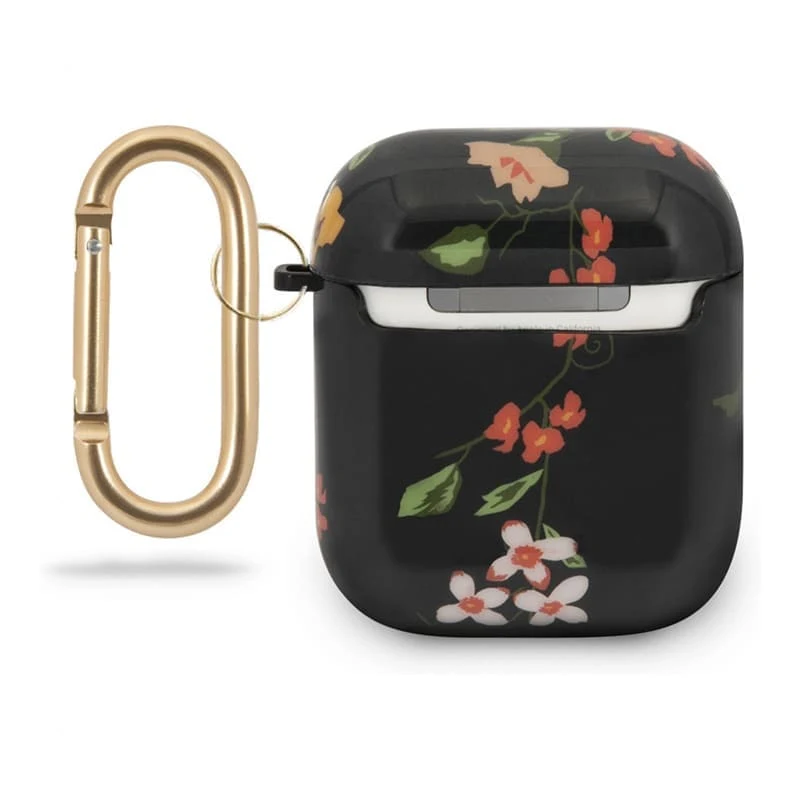 Чехол Guess с карабином для AirPods 1/2 CG Mobile TPU case with ring Marble design (GUACA2TPUBKFL04) С рисунком цветов, черный